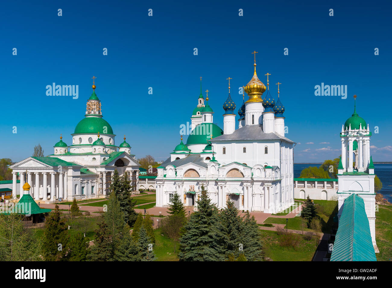 Spaso-Yakovlevsky Monastery and Zachatievsky Cathedral in sunny day. Rostov, Yaroslavl oblast, Russia. Golden Ring of Russia. Stock Photo