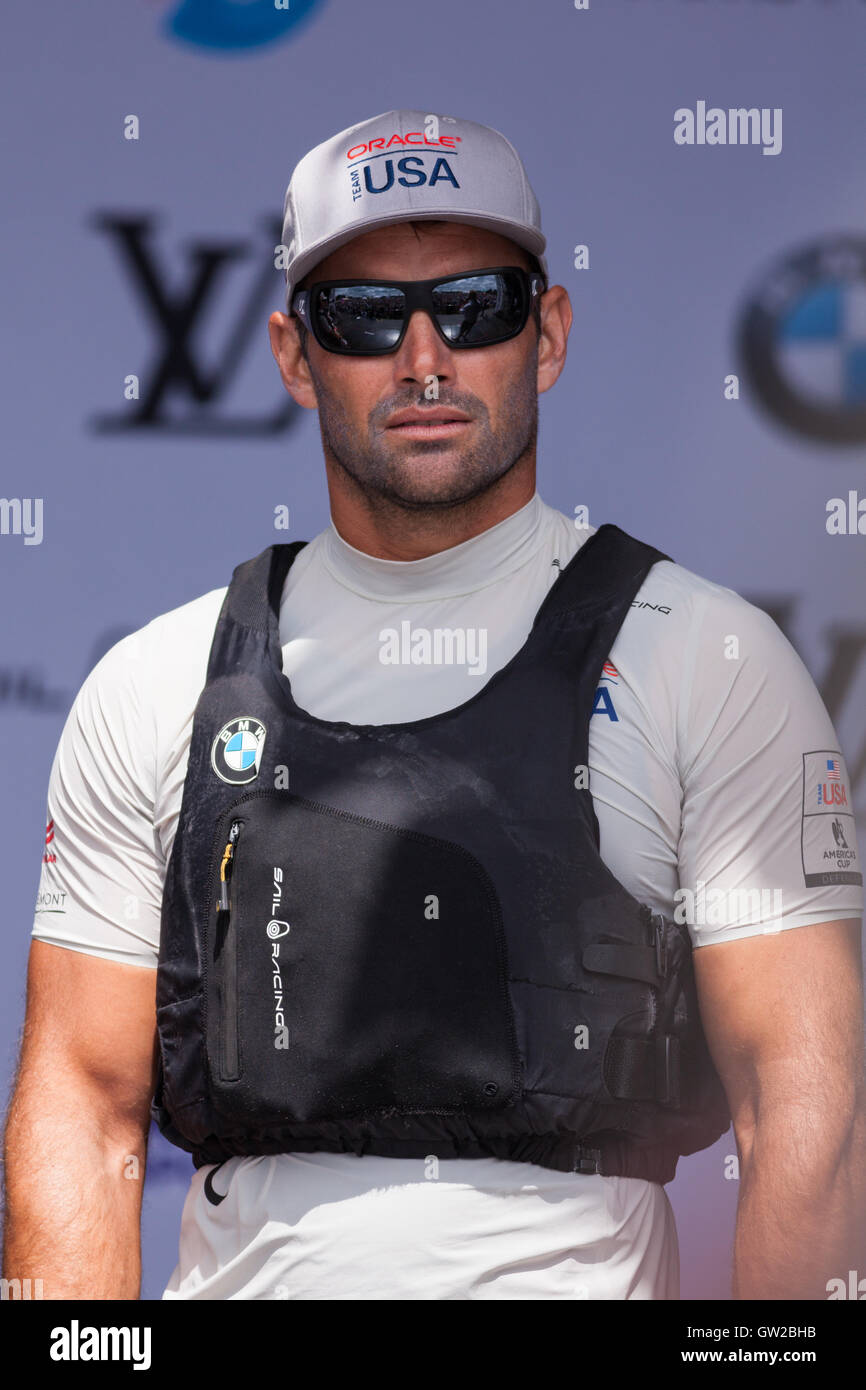 Oracle Team USA Trimmer, Joey Newton at the America's Cup 2016 event in Portsmouth Stock Photo