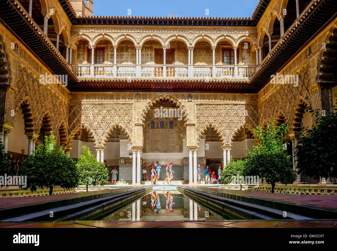 Alcazar, Seville, The Courtyard of the Maidens, Patio de las Doncellas at Moorish palace, Andalusia, Spain. Stock Photo