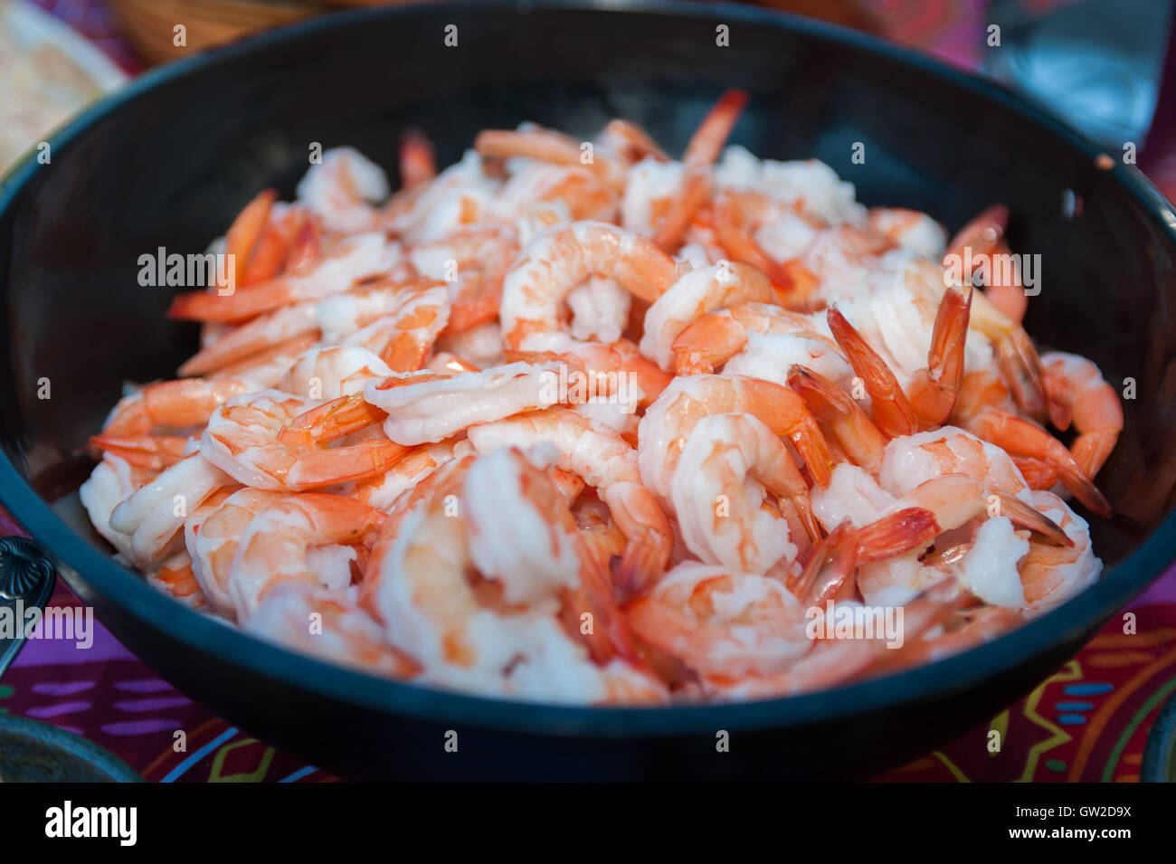 Bowl of cocktail shrimp with tail on Stock Photo Alamy