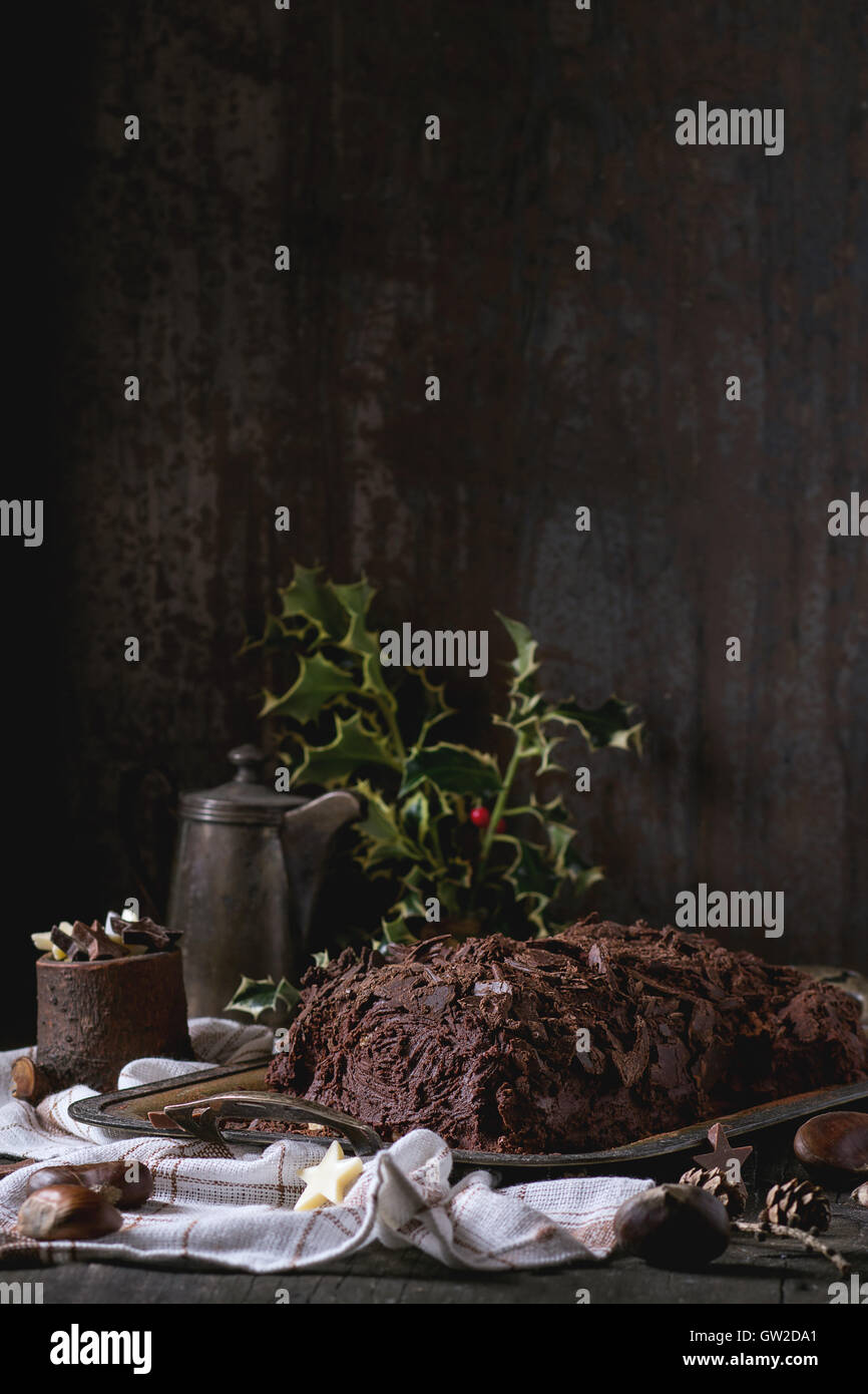 Homemade christmas chocolate yule log Stock Photo