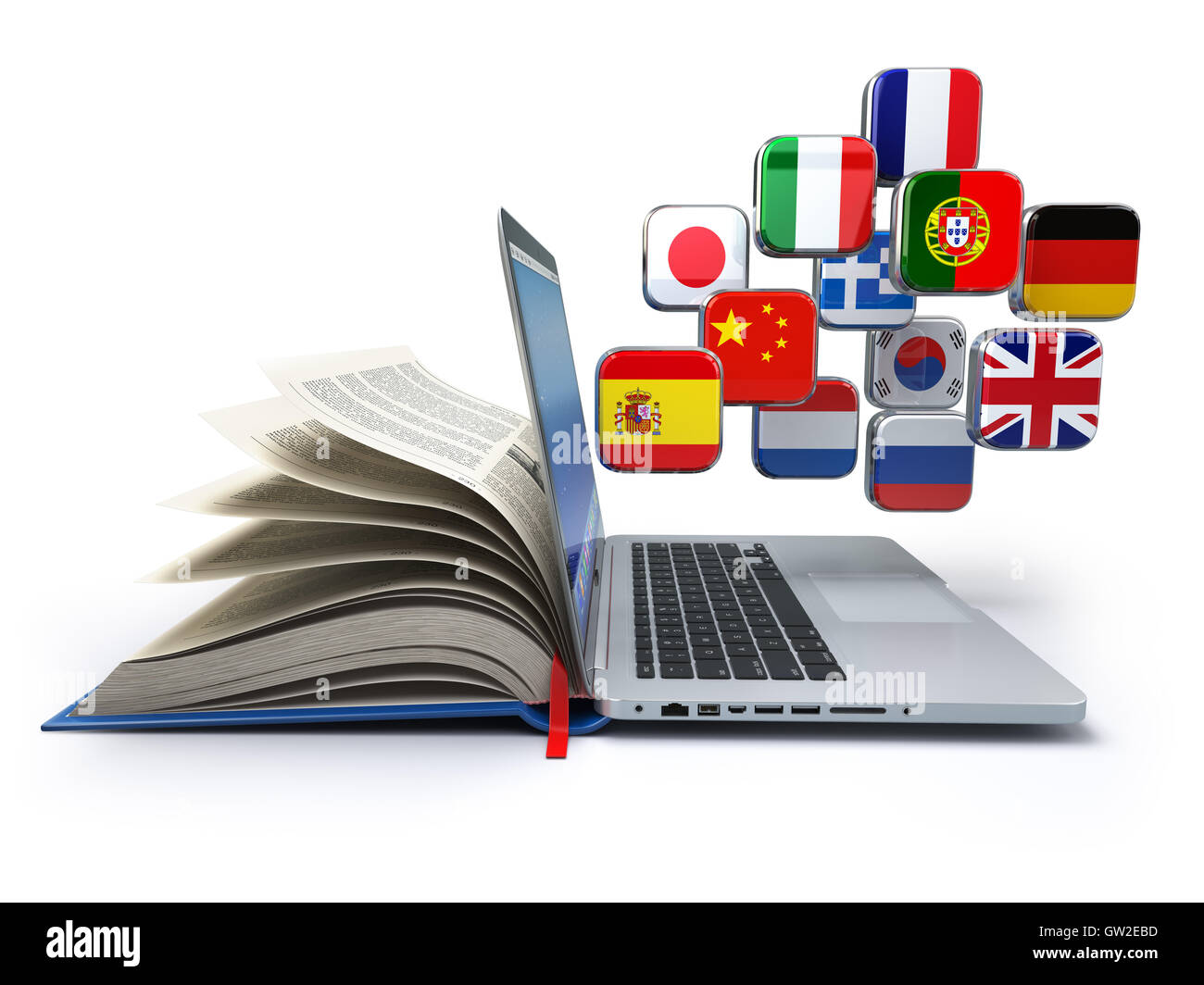 E-learning or online translator concept. Learning languages online. Laptop, book and flags. 3d illustration Stock Photo