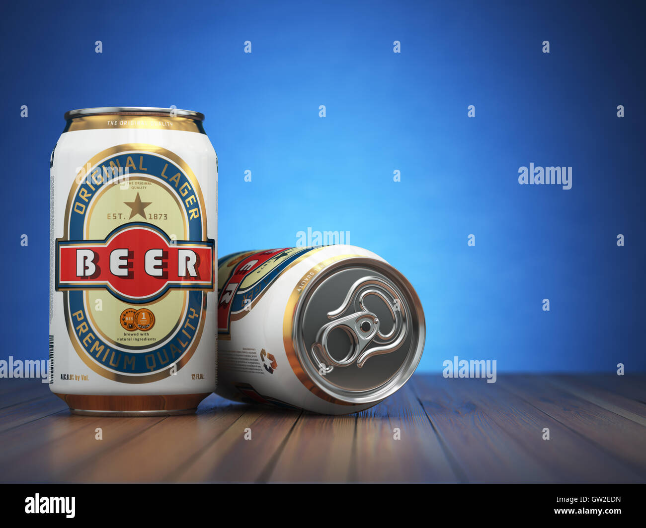 Beer cans on blue background. 3d illustration Stock Photo - Alamy