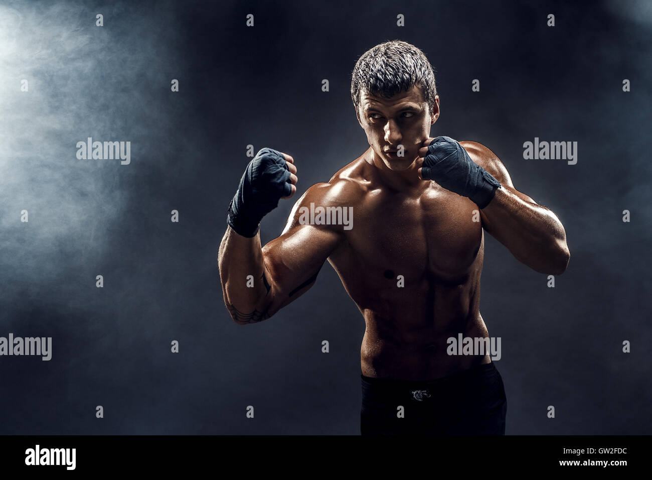 Sportsman Muay Thai Boxer Celebrating Flawless Victory in Boxing Cage.  Isolated on Black Background with Smoke. Copy Stock Image - Image of  people, handsome: 91121441