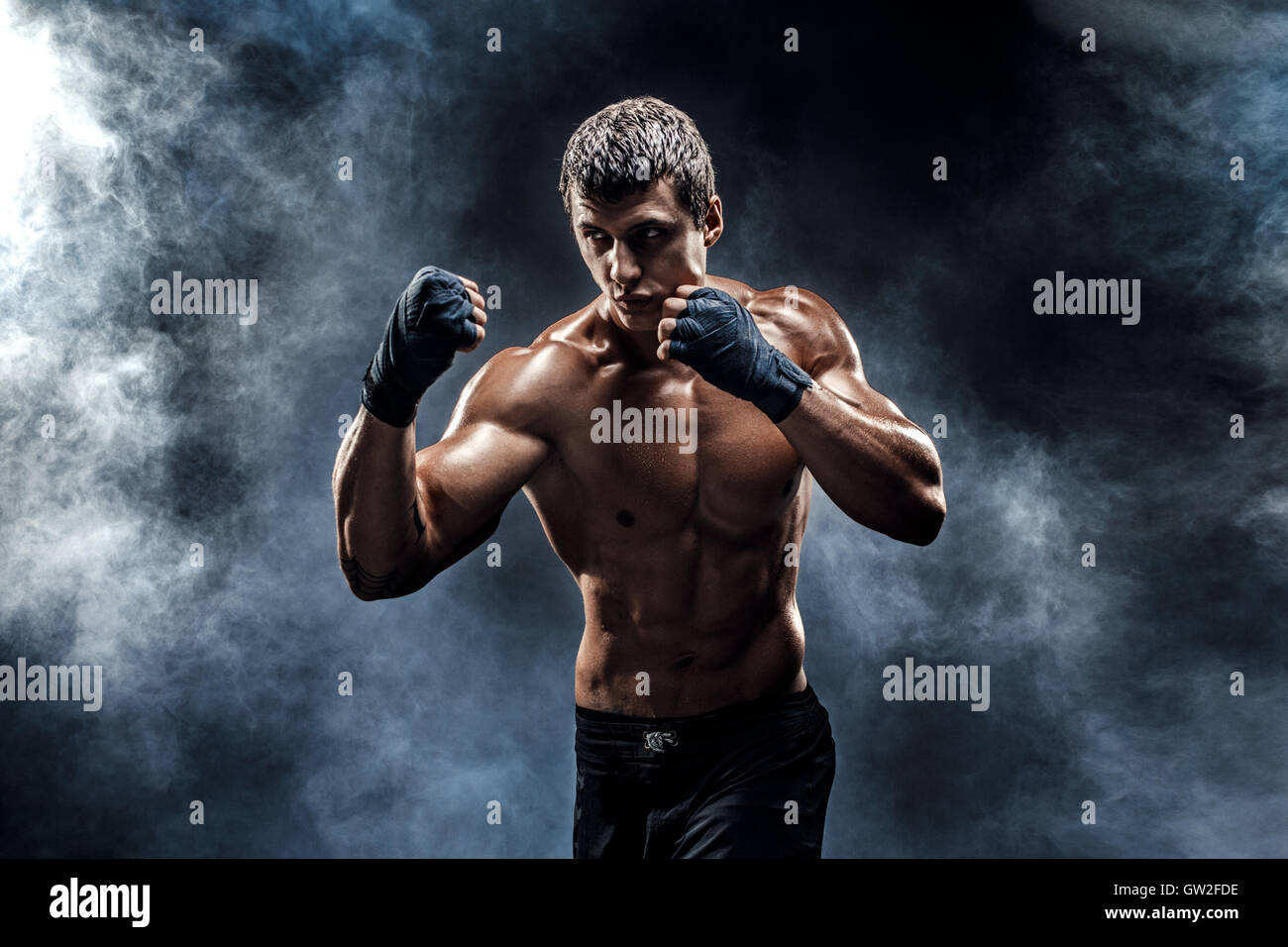 Sportsman Muay Thai Boxer Celebrating Flawless Victory in Boxing Cage.  Isolated on Black Background with Smoke. Copy Stock Image - Image of  people, handsome: 91121441
