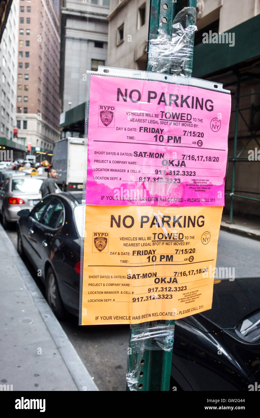 New York City,NY NYC Lower Manhattan,Financial District,NYPD,police department,no parking,sign,OKJA movie shoot,towing zone,date,time,notice,NY1607160 Stock Photo