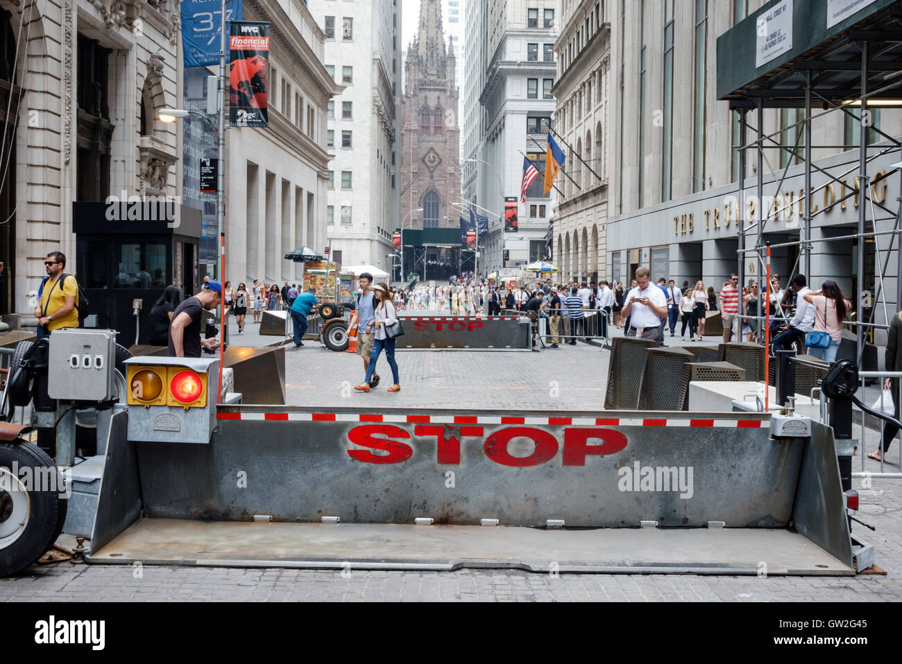 New York City,NY NYC Lower Manhattan,Financial District,Wall Street,New York Stock Exchange,NYSE,security barrier,traffic vehicle barricade,anti-terro Stock Photo