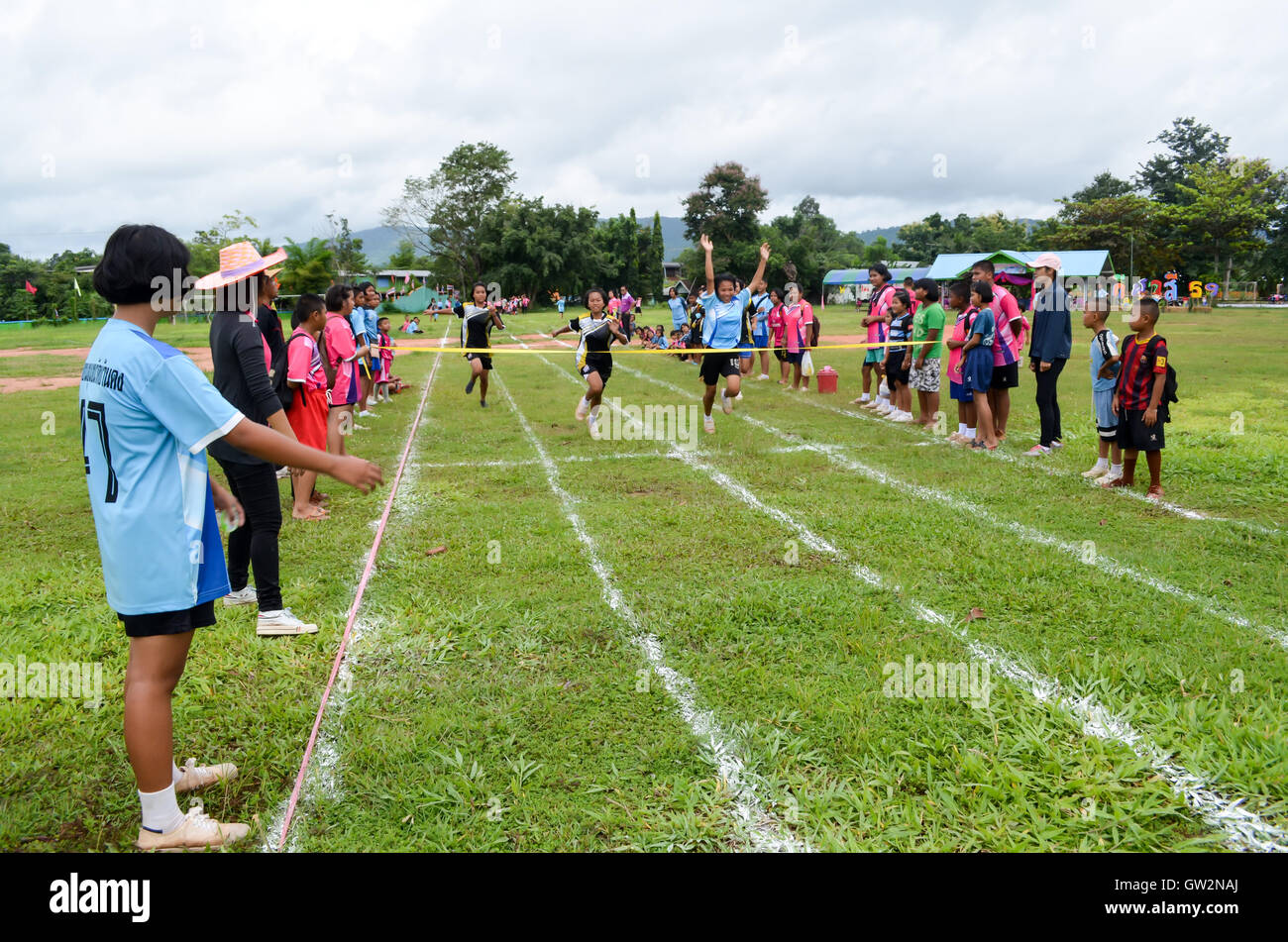 PHITSANULOK, THAILAND - SEP 1: Compete on 100 Meter Dash Final for children on Sep 1, 2016 at chumchon wat bandong school in Phi Stock Photo