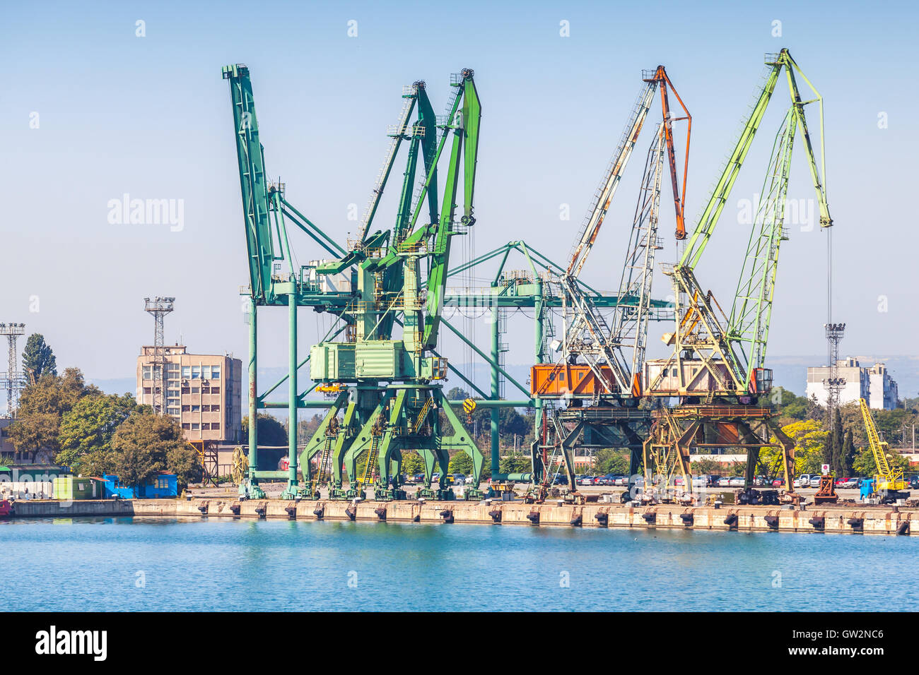 Cargo cranes, summer view of Varna port, Bulgaria Stock Photo