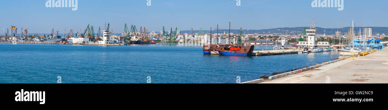 Wide panoramic photo of Varna port in summer day, Bulgaria Stock Photo