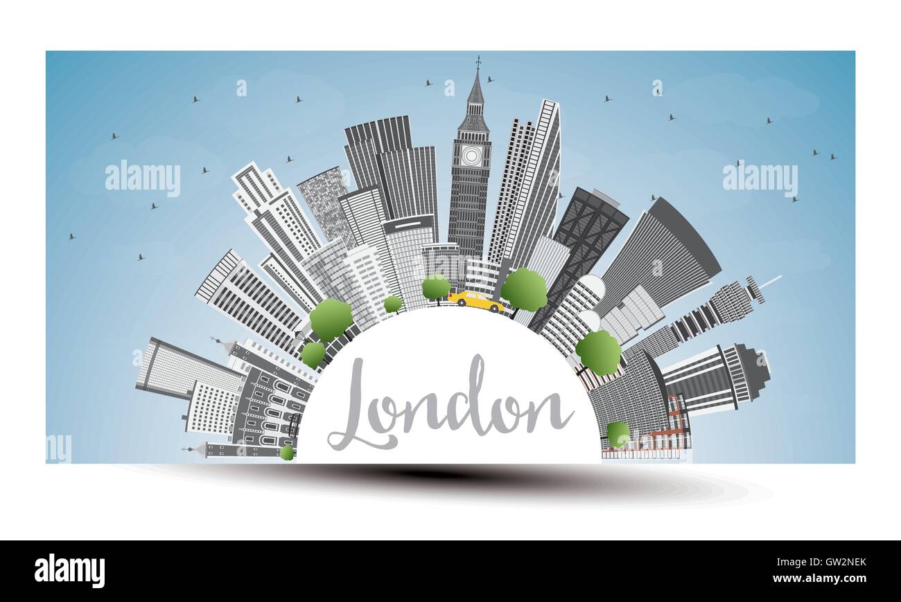 London Skyline with Gray Buildings, Blue Sky and Copy Space. Business Travel and Tourism Concept with Modern Buildings Stock Vector