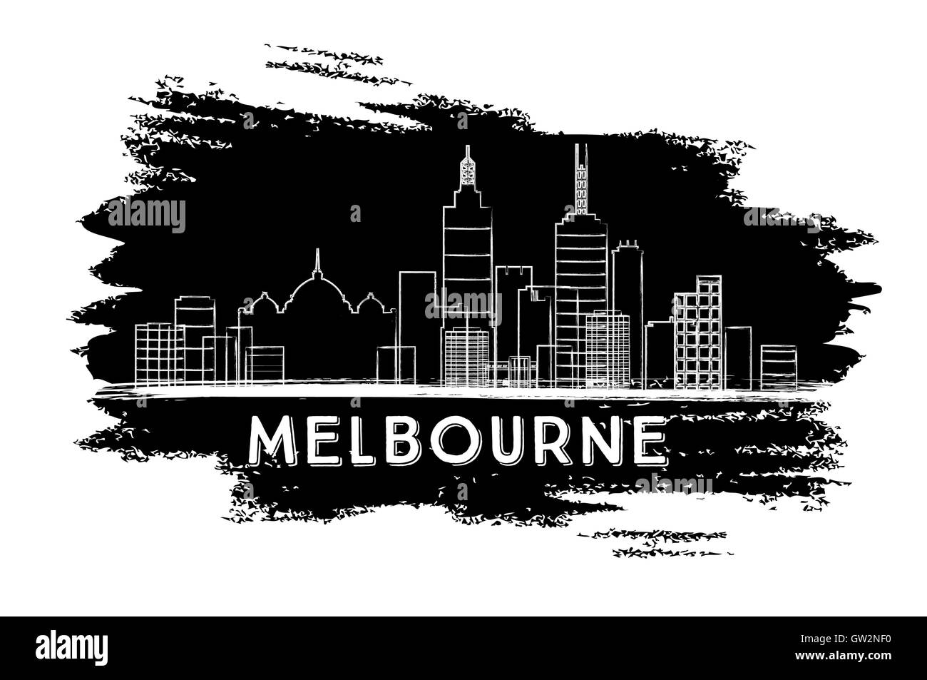 Melbourne Skyline Silhouette. Hand Drawn Sketch. Vector Illustration. Business Travel and Tourism Concept with Modern Buildings. Stock Vector