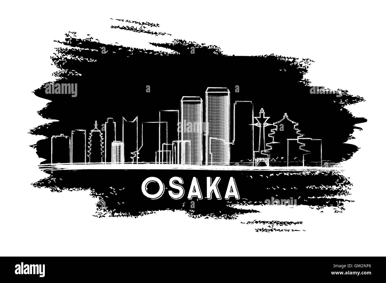 Osaka Skyline Silhouette. Hand Drawn Sketch. Vector Illustration. Business Travel and Tourism Concept with Modern Buildings. Stock Vector