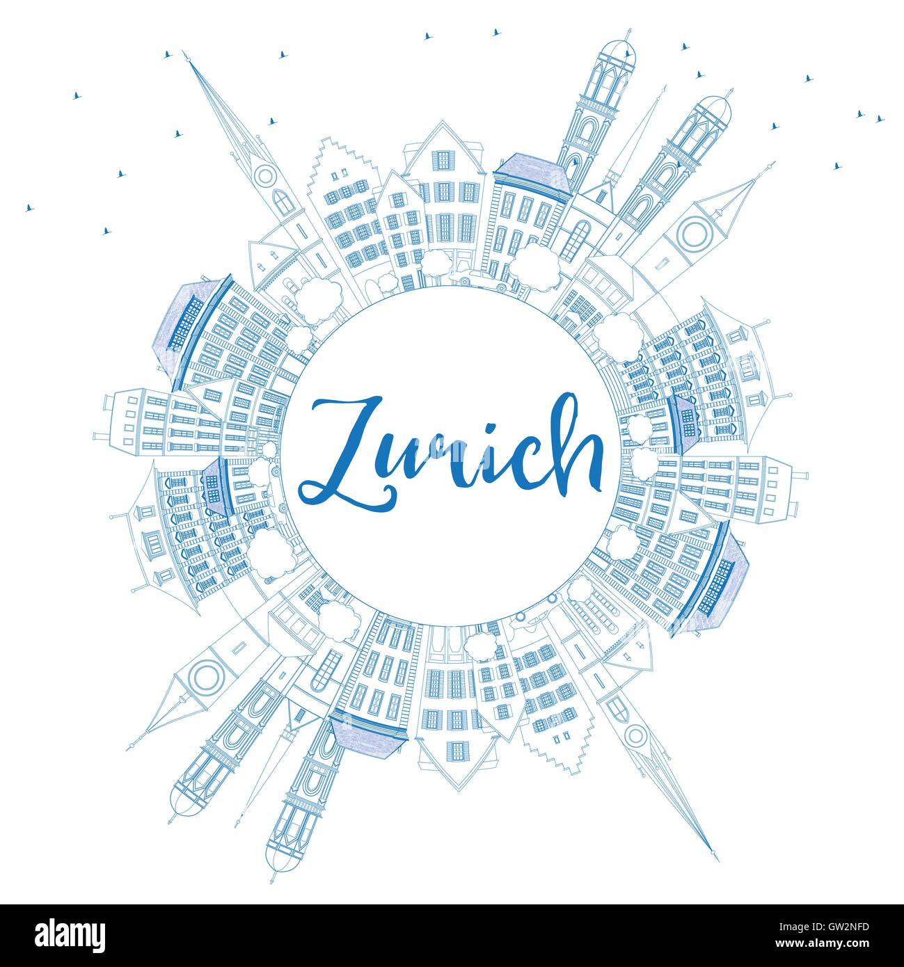 Outline Zurich Skyline with Blue Buildings and Copy Space. Vector Illustration. Business Travel and Tourism Concept with Zurich Stock Vector