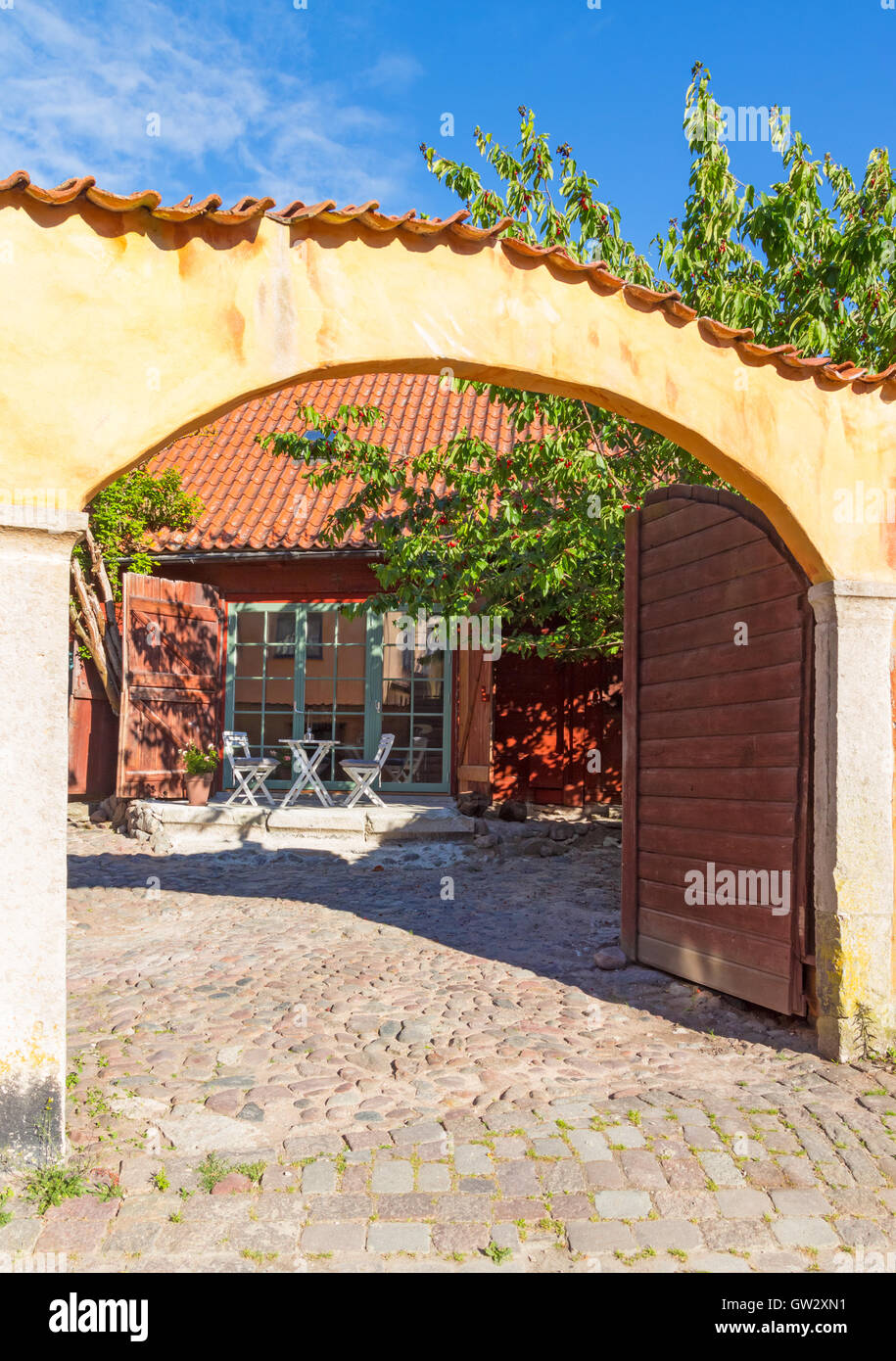Colorful patio in a Swedish town Visby Stock Photo