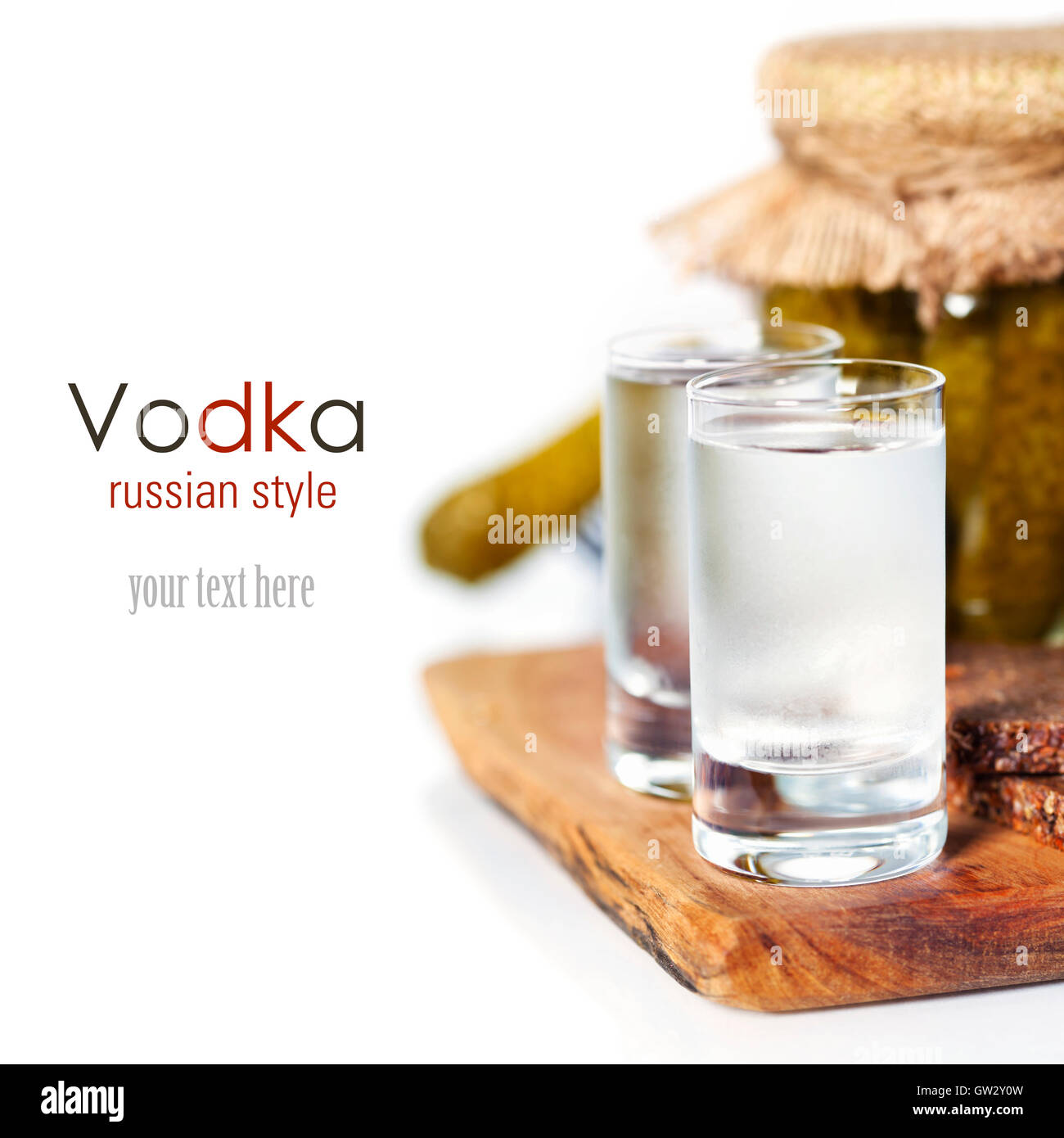 Russian vodka with traditional black bread and pickles Stock Photo