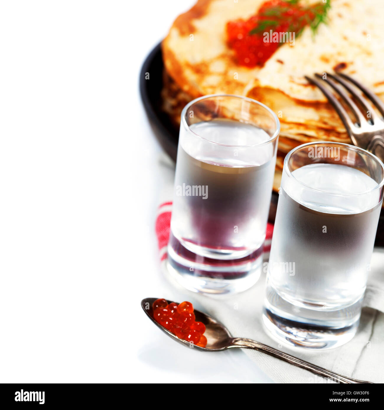Russian vodka with pancakes and red caviar Stock Photo Alamy