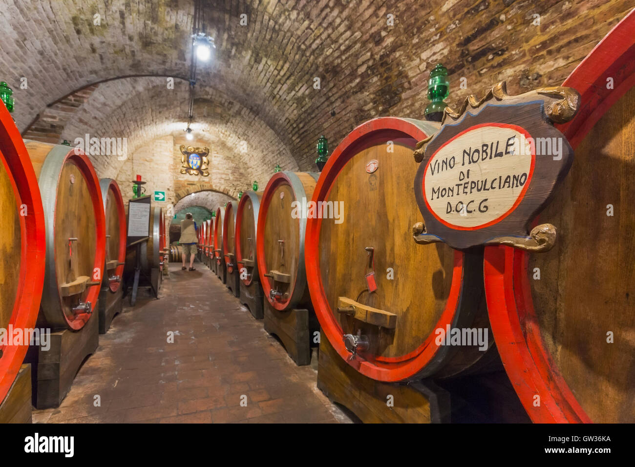 Montepulciano, Siena Province, Tuscany, Italy.  Cellar in Cantina Ercolani with barrels of maturing Vino Nobile di Montepulciano Stock Photo
