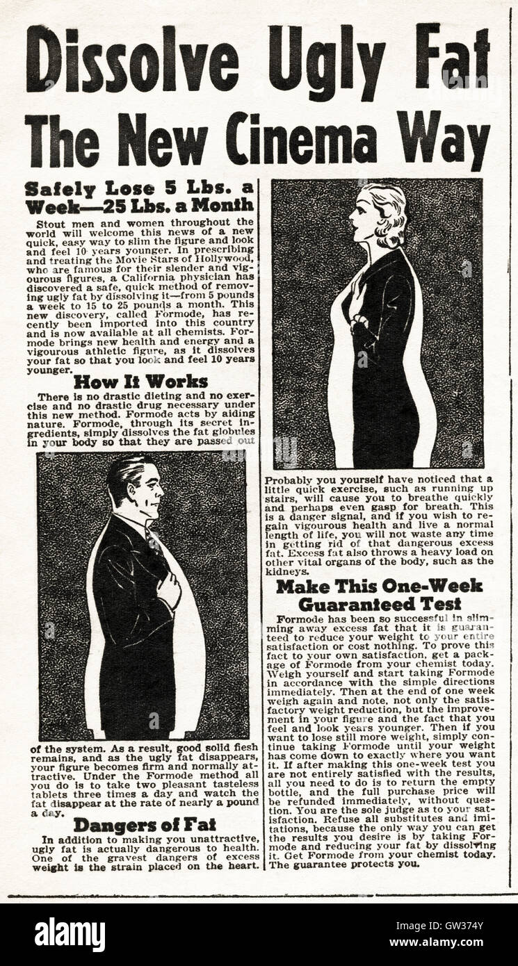 Advertisement advertising weight loss by dissolving ugly fat the new cinema way original old vintage advert from English language magazine published in India dated 1945 Stock Photo