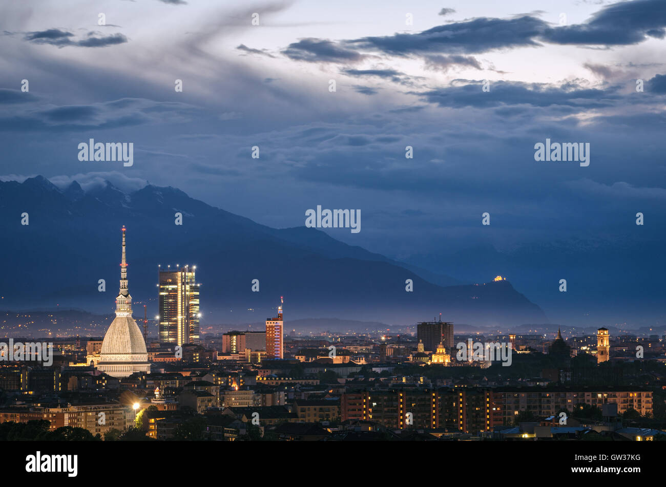 Turin (Torino) high definition panorama with all the city skyline including the Mole Antonelliana and the Sacra di San Michele Stock Photo