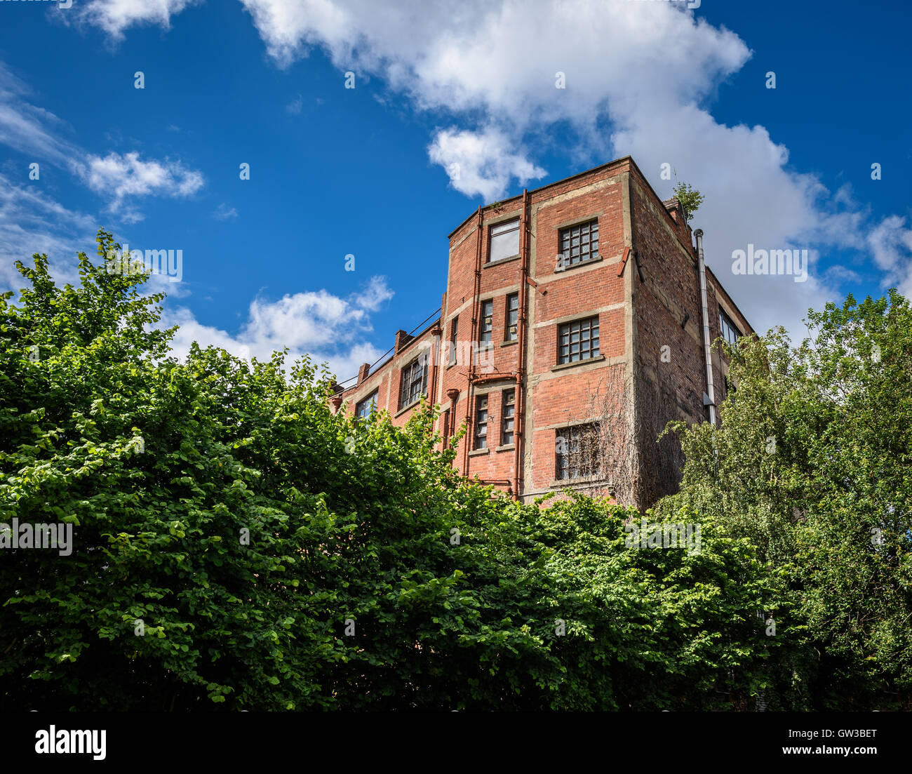 Urban brick building isolated by green bushes. Stock Photo