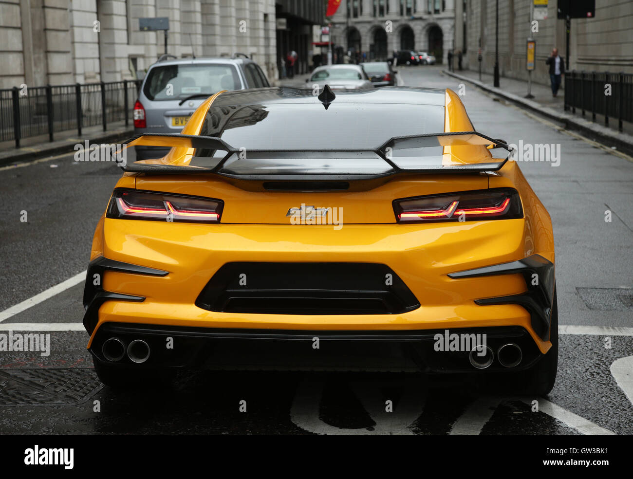 A Chevrolet Camaro sports car during filming of the film Transformers: The Last  Knight, in the City of London Stock Photo - Alamy