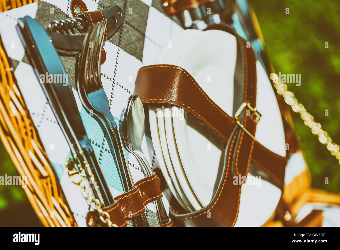 Opened Picnic Basket With Cutlery Stock Photo Alamy