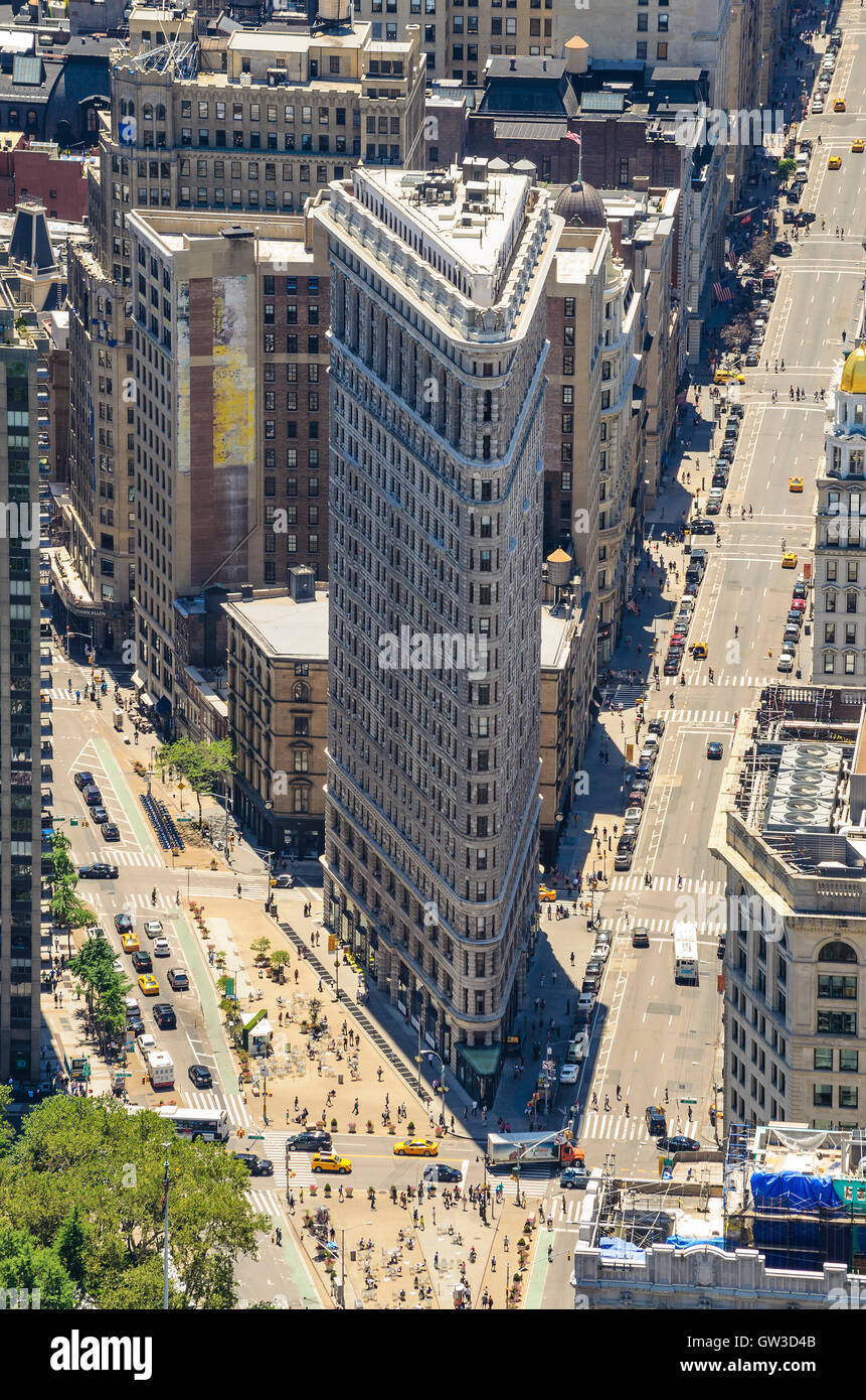 Flatiron Building panorama closeup in New York City. It is one of the most iconic skyscrapers and the symbol of New York City. Stock Photo
