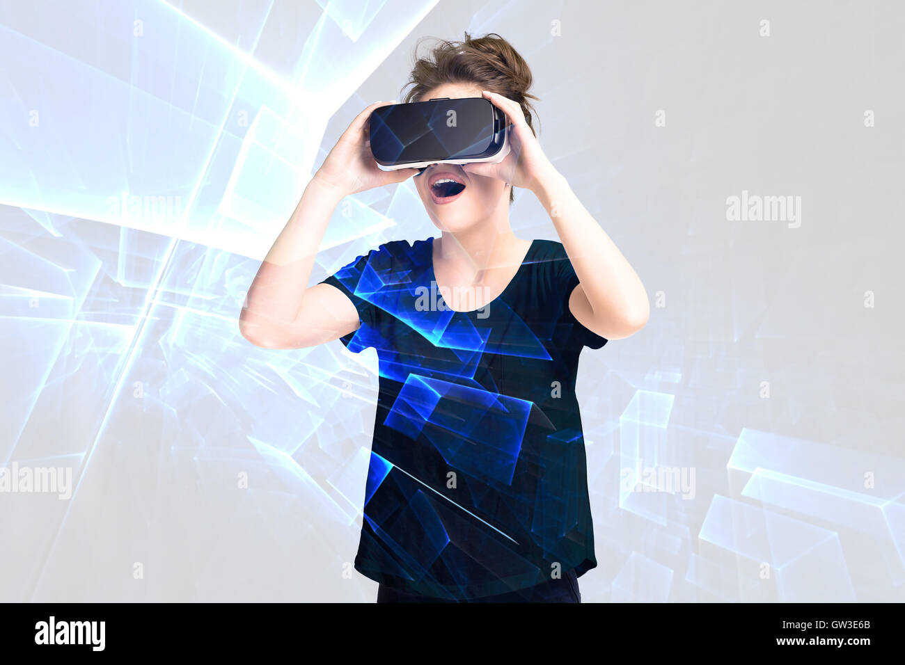 Young girl getting experience using VR headset glasses, is augmented