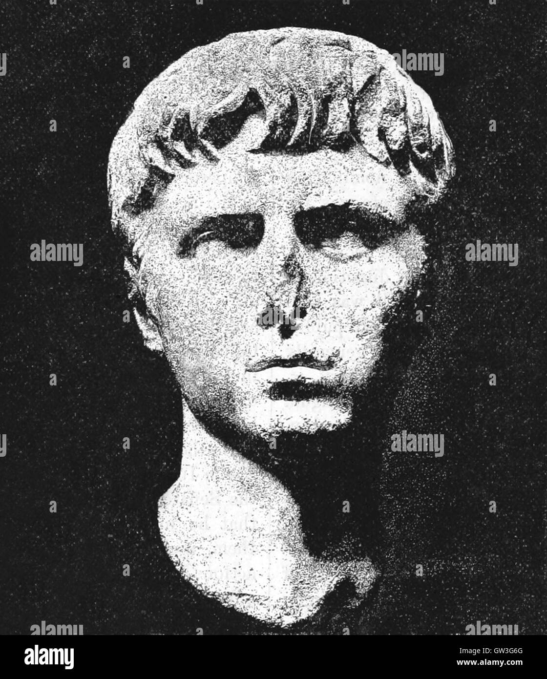 Bust of the Roman emperor Caligula.  Caligula was the popular nickname of Gaius Julius Caesar Augustus Germanicus, Roman emperor. Born Gaius Julius Caesar Germanicus, Caligula was a member of the house of rulers conventionally known as the Julio-Claudian dynasty.  Image sourced from Cassell's Illustrated Universal History (1893). Stock Photo