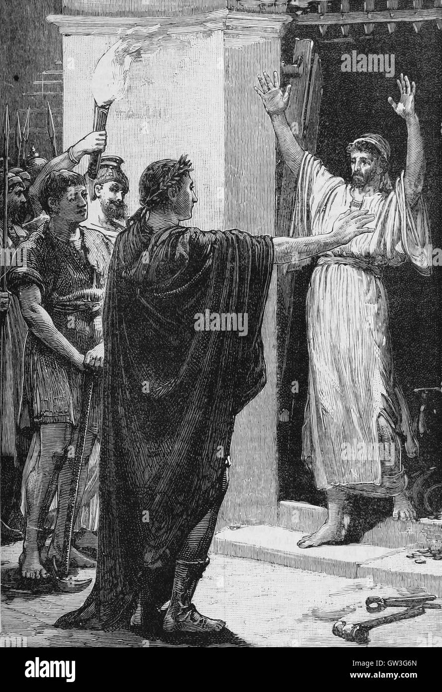 Julius Caesar possessing himself of the treasure in the Temple of Saturn.  Gaius Julius Caesar, known as Julius Caesar, was a Roman politician, general, and notable author of Latin prose. He played a critical role in the events that led to the demise of the Roman Republic and the rise of the Roman Empire. Image sourced from Cassell's Illustrated Universal History (1893). Stock Photo