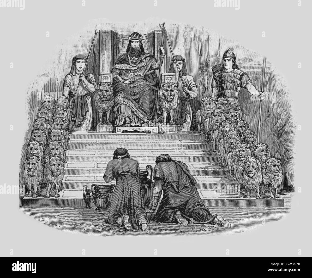 King Solomon on his Throne  The Throne of Solomon is the throne of King Solomon in the Hebrew Bible, and is a motif in Judaism, Christianity and Islam. Solomon was a fabulously wealthy and wise king of Israel and a son of David, the previous king of Israel.  Image sourced from Cassell's Illustrated Universal History (1893). Stock Photo