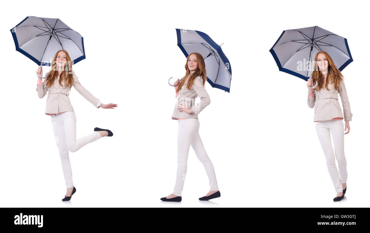Young woman with umbrella on white Stock Photo - Alamy