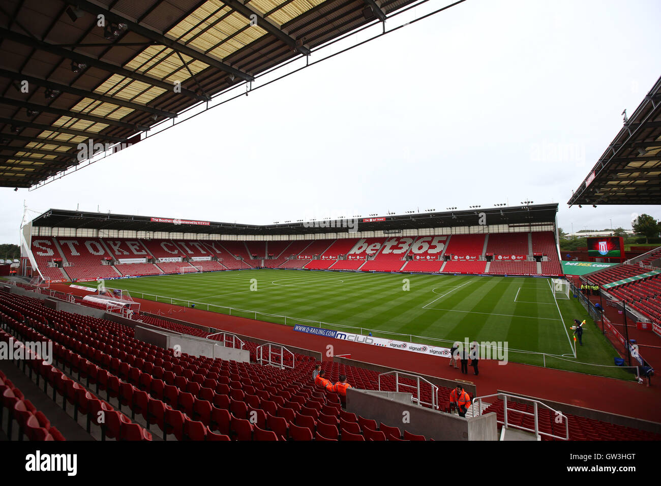 The ground is prepared ahead of the Premier League match at The Bet 365 Stadium, Stoke-on-Trent. Stock Photo