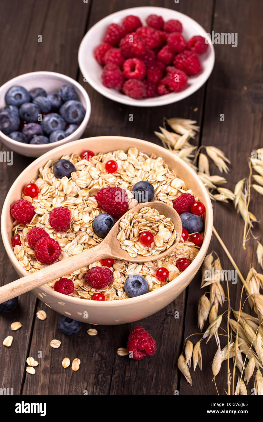 Oat flakes cereal and various berries top view Stock Photo Alamy