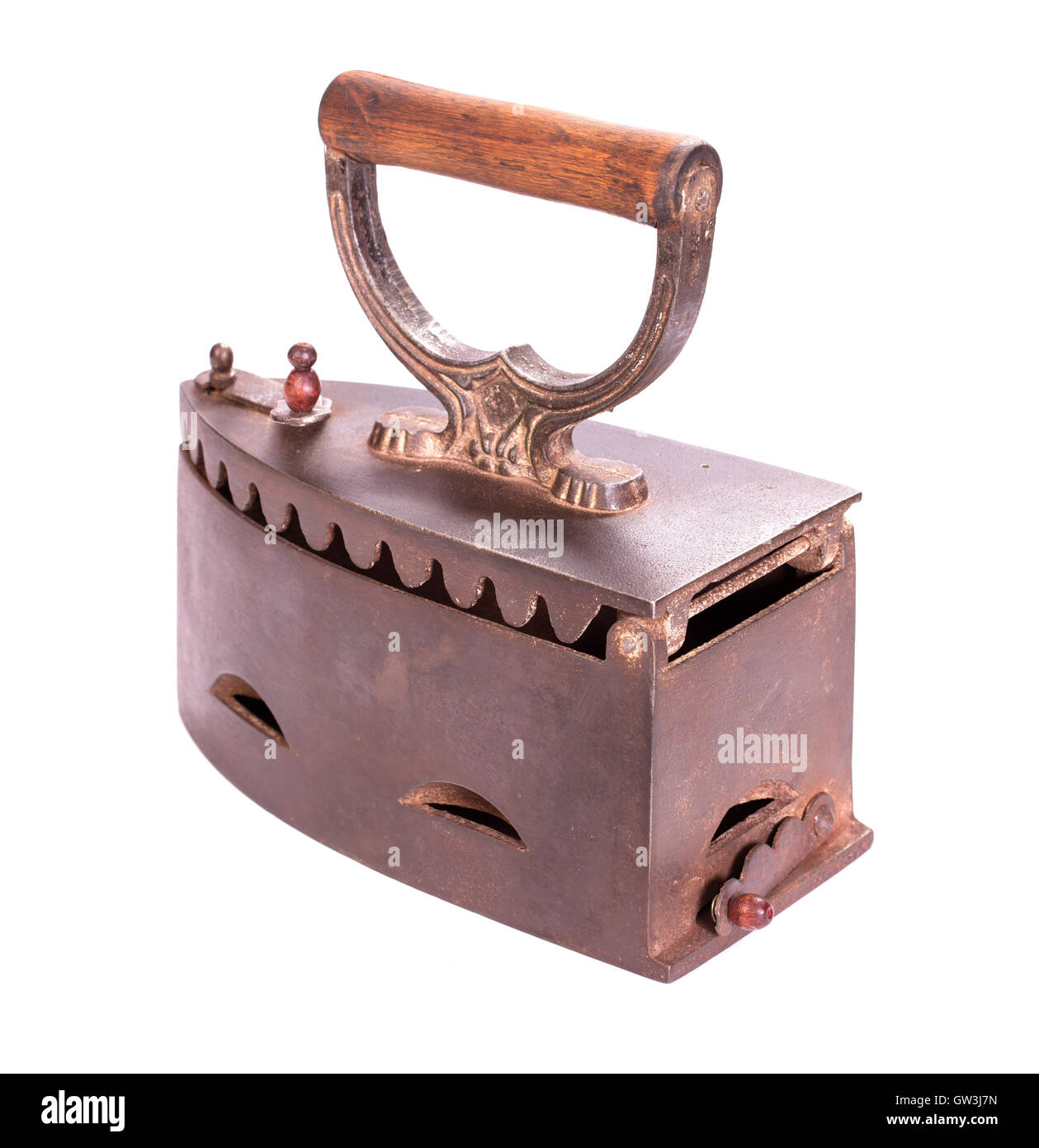 Old charcoal iron isolated back view Stock Photo