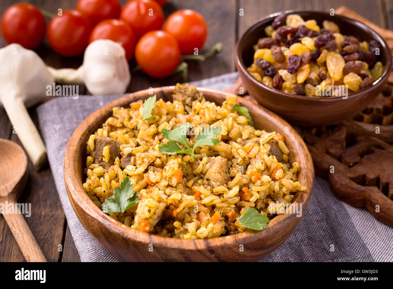 Pilaf with vegetables and raisins Stock Photo Alamy