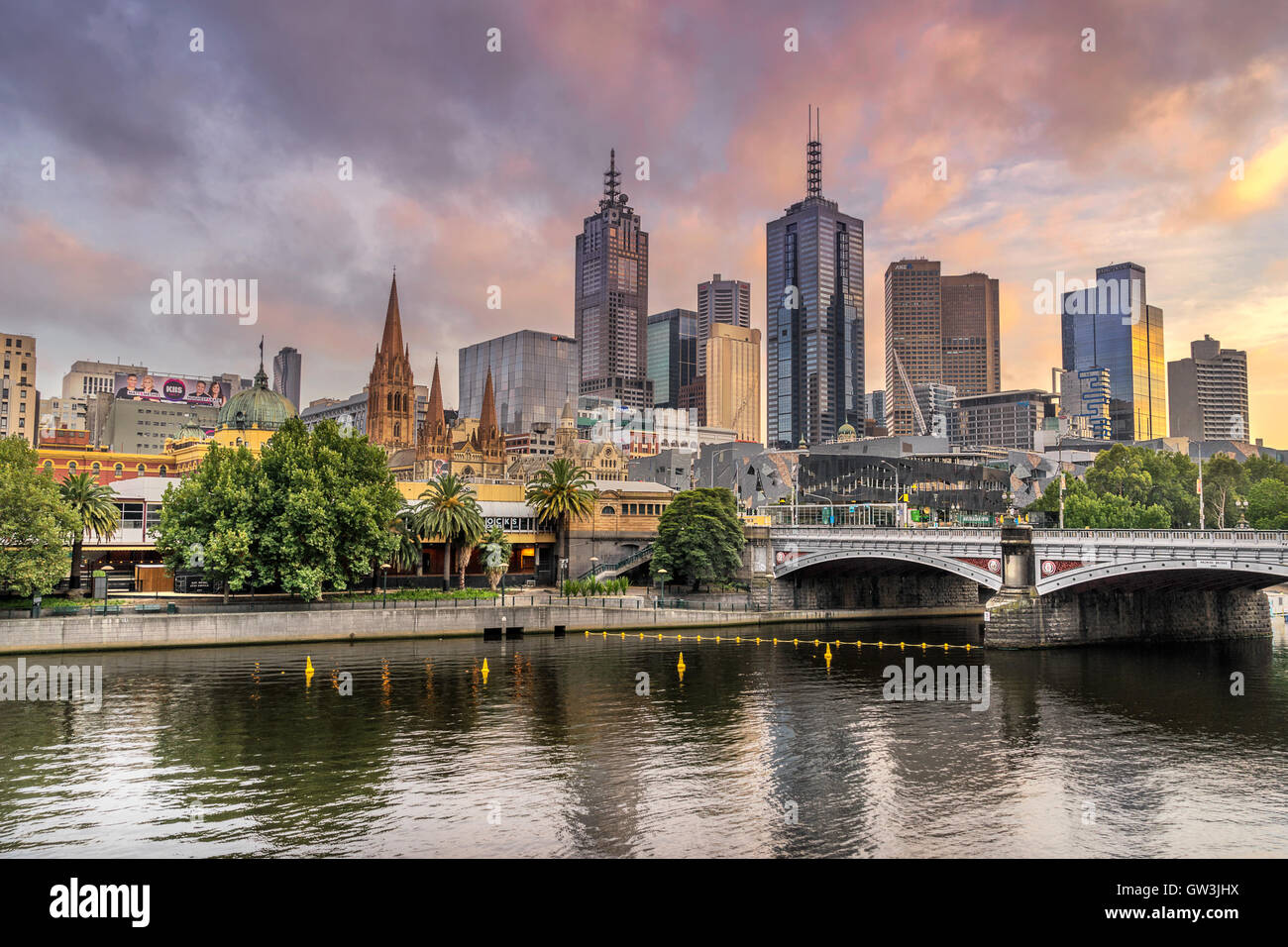 Looking across the Yarra River to the Central business district of Melbourne Stock Photo