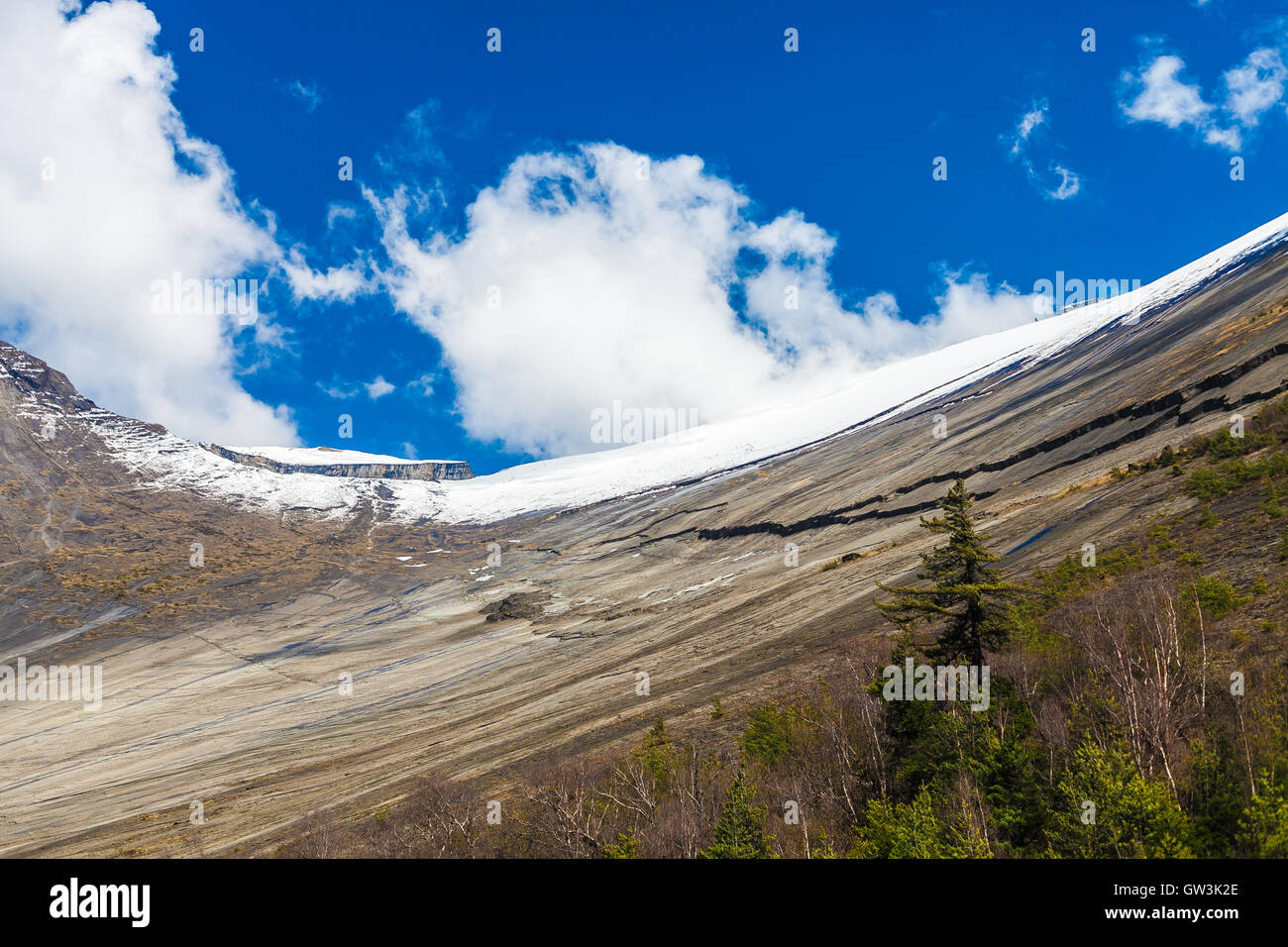 Landscapes Snow Mountains Nature Morning Viewpoint.Mountain Trekking Landscape Background. Nobody photo. Horizontal picture. Sunlights White Clouds Blue Sky. Himalayas Rocks. Stock Photo