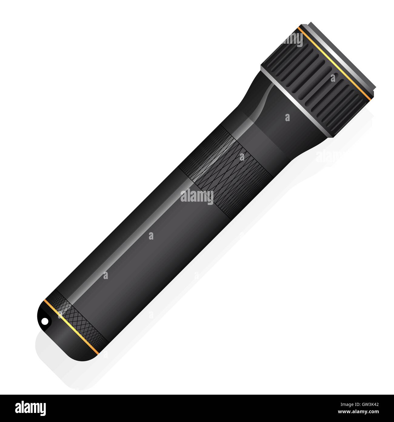 Black metal flashlight isolated on white background with shadow. Stock Vector