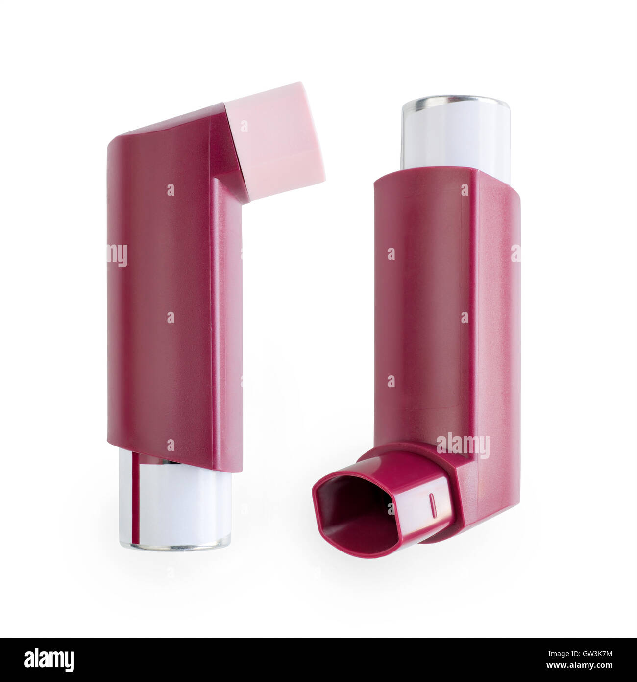 Two views of asthma inhaler. Closed and ready to use. Isolated on white with clipping path Stock Photo