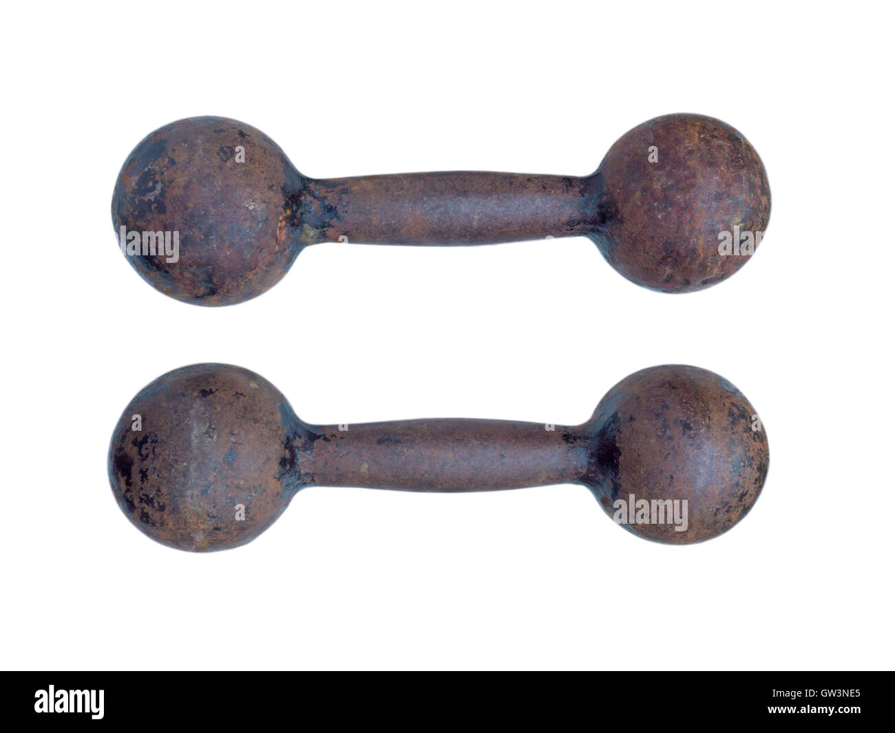 Two vintage iron dumbbells isolated on white Stock Photo Alamy