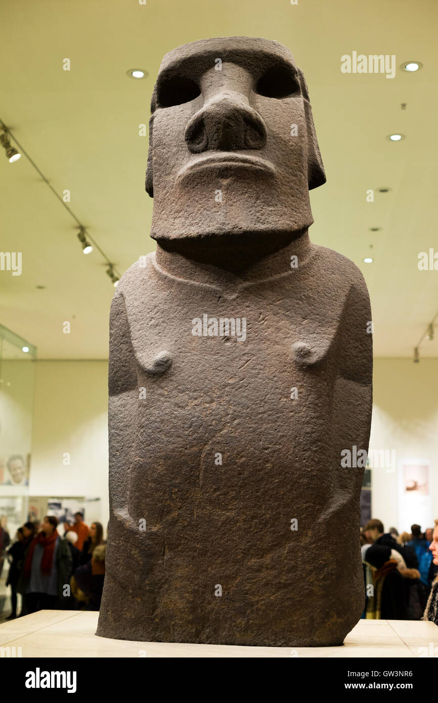 Front vew of a Moai (Easter Island) Statue, British Museum, London, UK