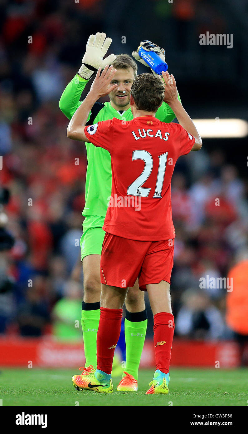 Simon Rugen Liverpool Liverpool goalkeeper Simon Mignolet and Liverpool's Lucas Leiva (right ...