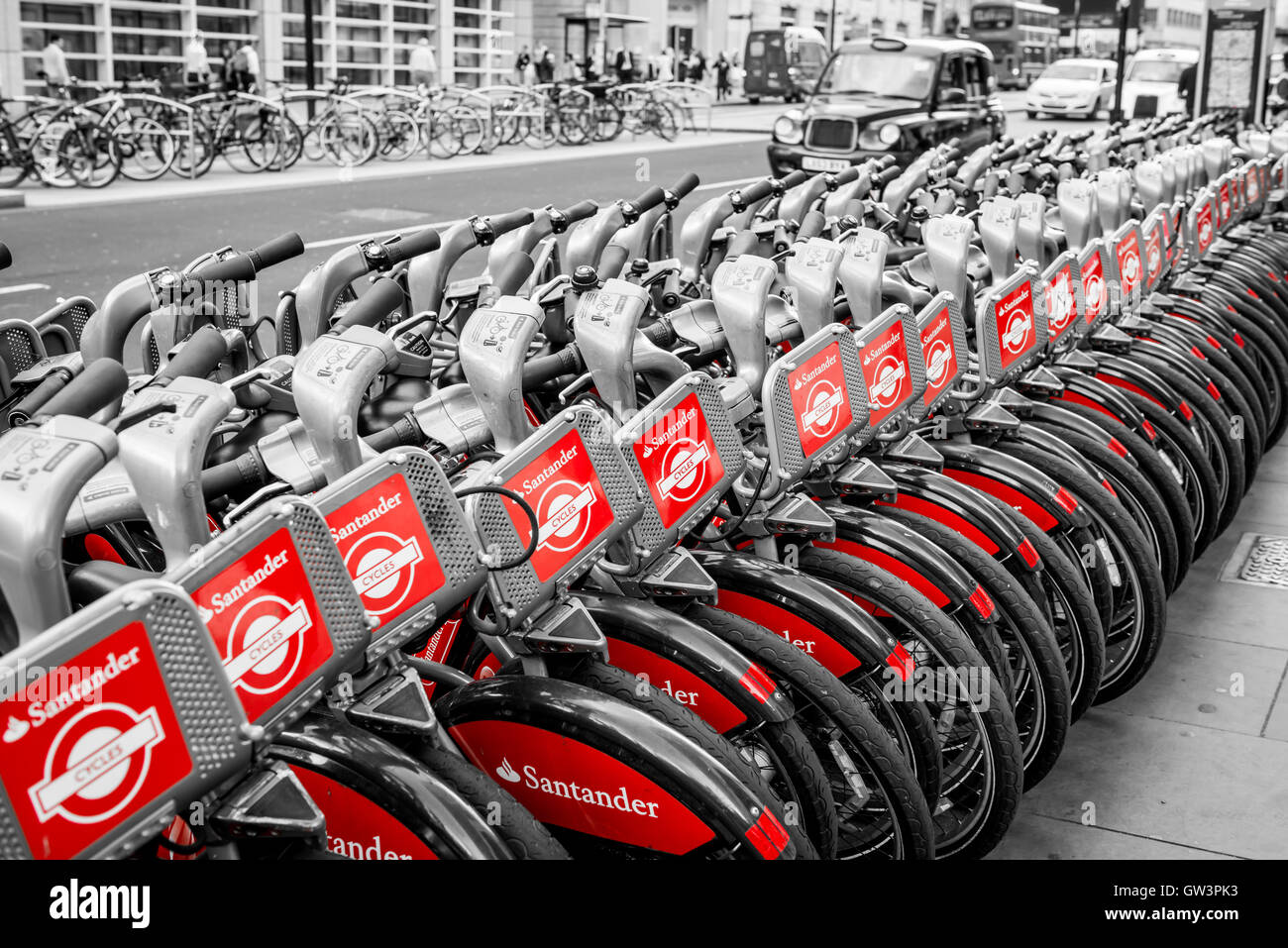 London, United Kingdom - July 22, 2016: Stack of Santander rental bikes (prevously known as Boris bikes) for hire in London Stock Photo