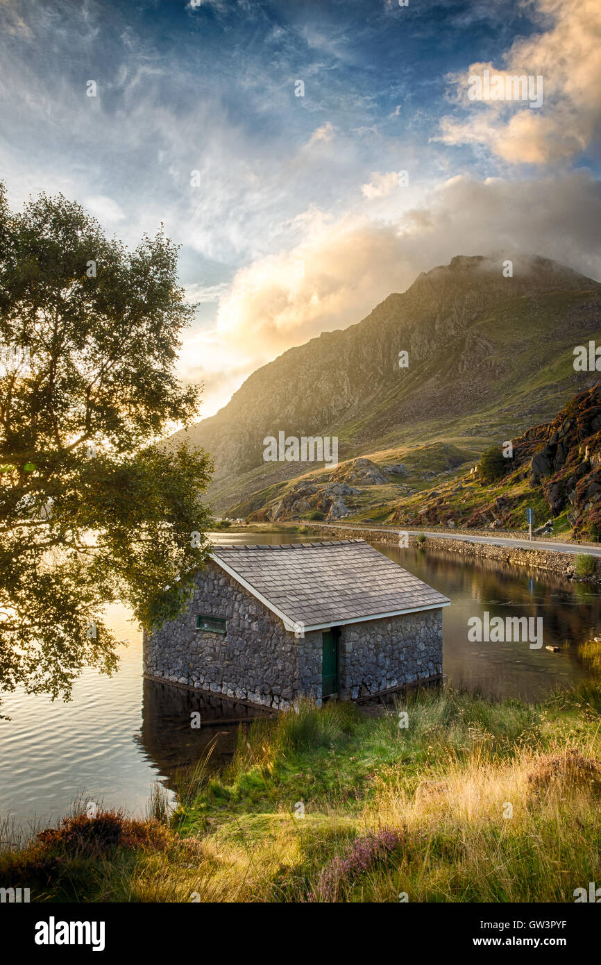 View of Llyn Ogwen Lake at sunrise with blu sky. House in the lake and tree. Stock Photo