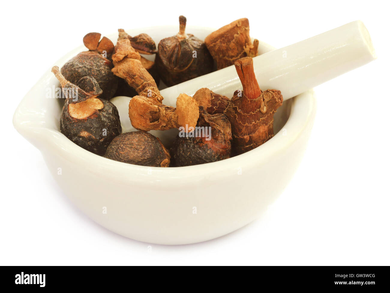 Soapnuts and sweet flag in a mortar with pestle over white background Stock Photo