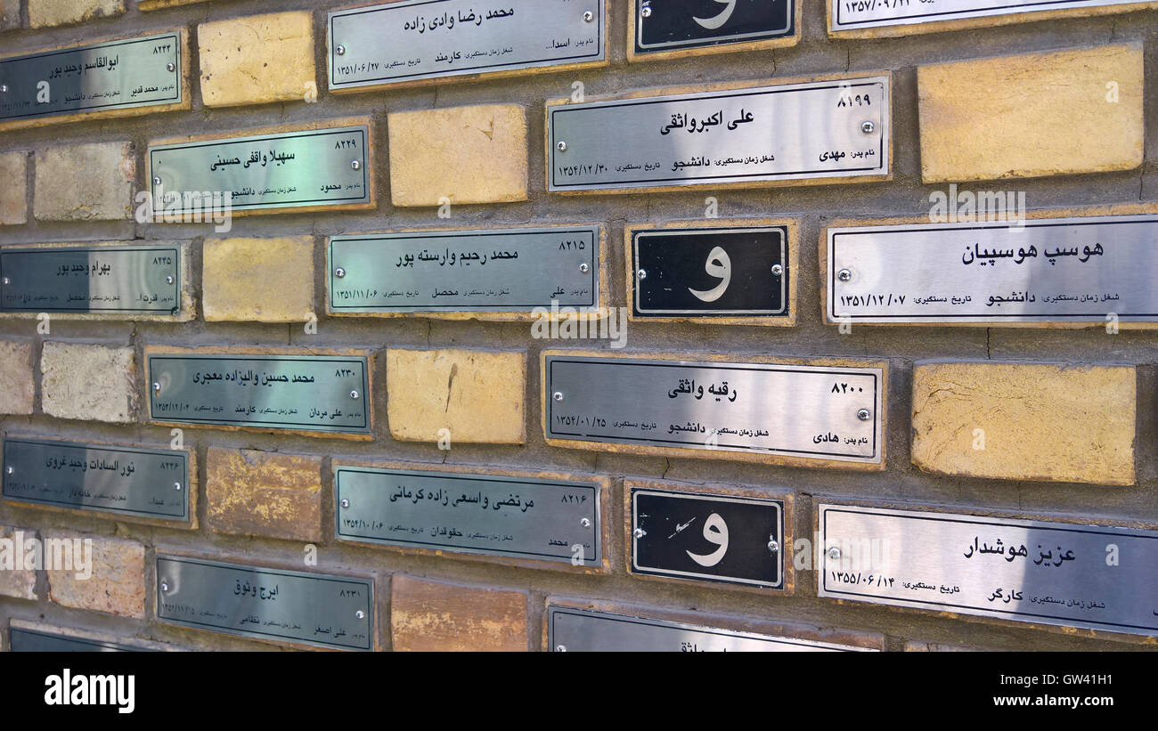 IR-THR-045 Tehran, Plates With The Names Of Former Prisoners At SAVAK Anti Sabotage Joint Committee Jail, Now A Museum, The Secr Stock Photo