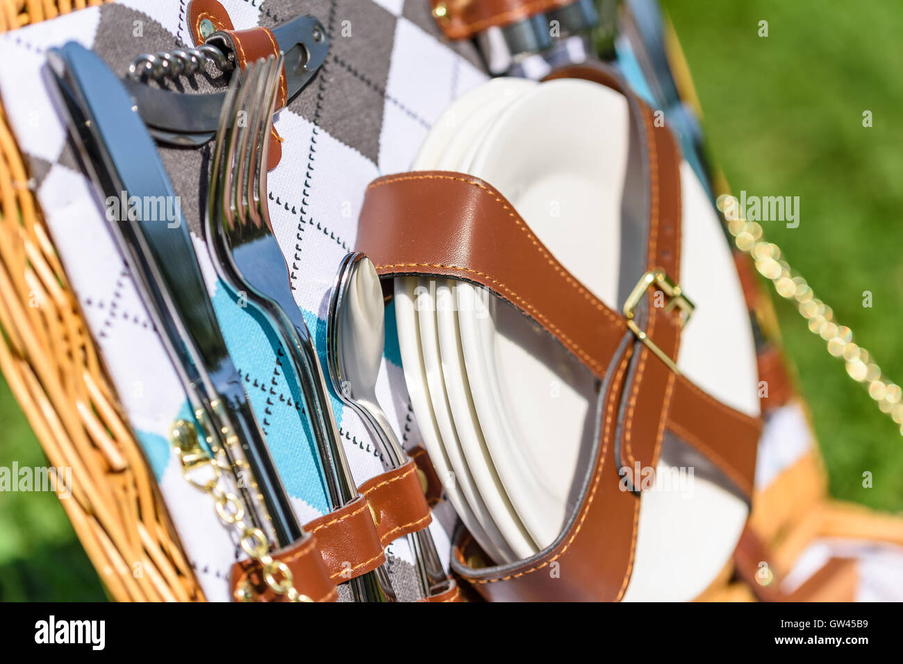 Opened Picnic Basket With Cutlery Stock Photo Alamy
