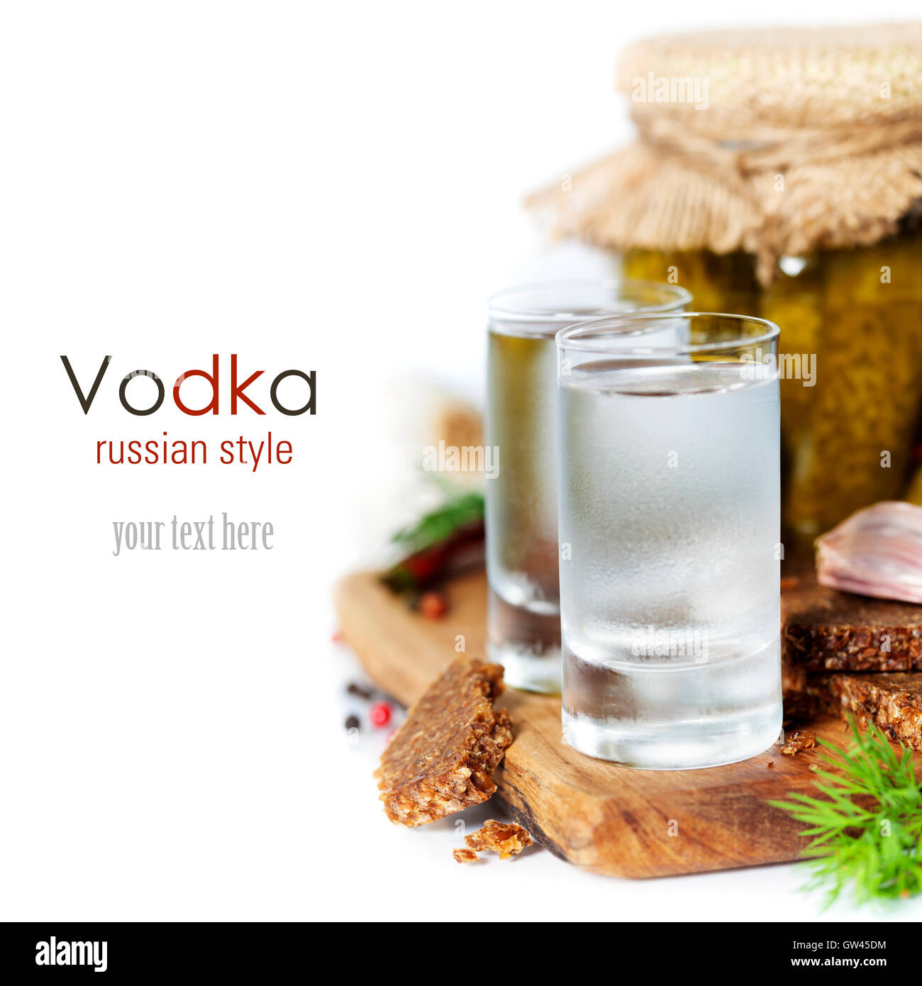 Russian vodka with traditional black bread and pickles Stock Photo